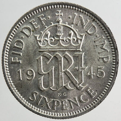 1945 George VI Sixpence Silver Coin | Very Fine Grade