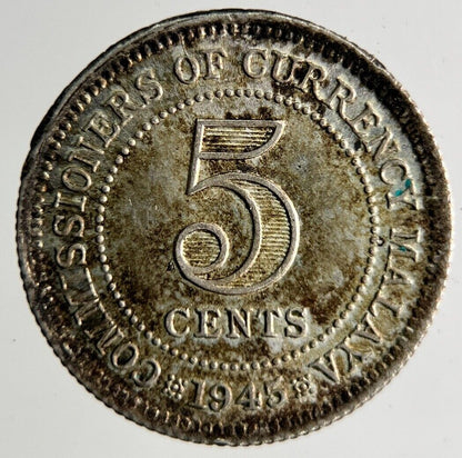 1945 Malaya Settlement Straits 5 Cents Silver Coin | Fine Collectable Grade