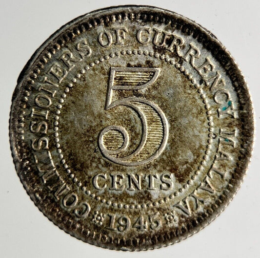 1945 Malaya Settlement Straits 5 Cents Silver Coin | Fine Collectable Grade