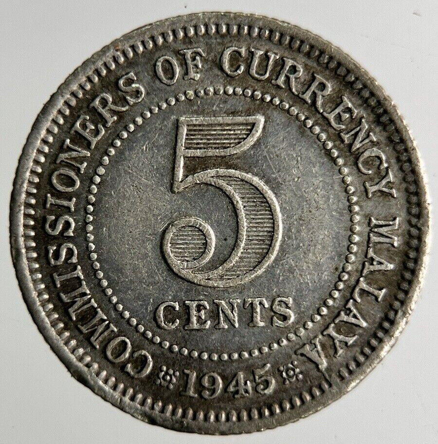 1945 Malaya Settlement Straits 5 Cents Silver Coin | Fine Collectable Grade