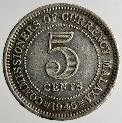 1945 Malaya Settlement Straits 5 Cents Silver Coin | Fine Collectable Grade