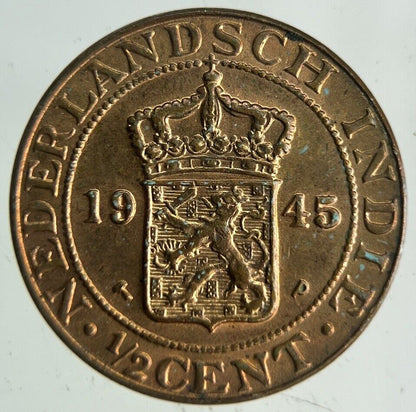 1945 Netherlands East Indies Half 1/2 Cent Coin | Fine Collectable Grade