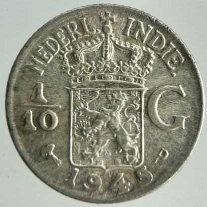 1945 Netherlands East Indies 1/10 Gulden Silver Coin | Fine Collectable Grade