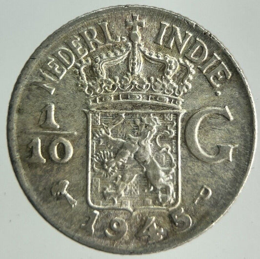1945 Netherlands East Indies 1/10 Gulden Silver Coin | Fine Collectable Grade