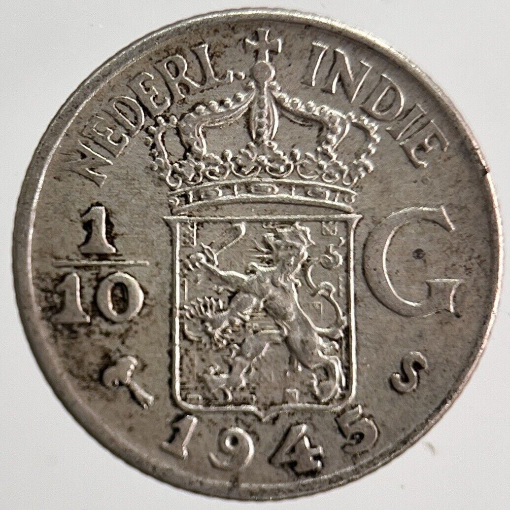 1945 Netherlands Indies 1/10 Gulden Silver Coin | Fine Collectable Grade | a6287