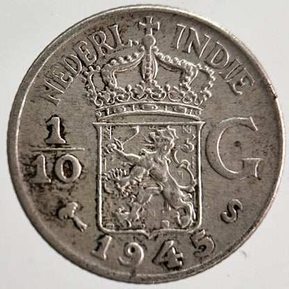 1945 Netherlands Indies 1/10 Gulden Silver Coin | Fine Collectable Grade | a6287