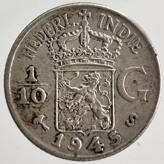 1945 Netherlands Indies 1/10 Gulden Silver Coin | Fine Collectable Grade | a6287