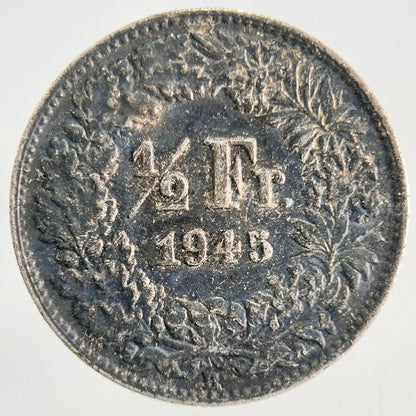1945 Switzerland Swiss 1/2 Half Franc Silver Coin | Fine Collectable Grade
