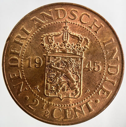 1945 Netherlands East Indies 2 1/2 Cent Coin | Very High Grade