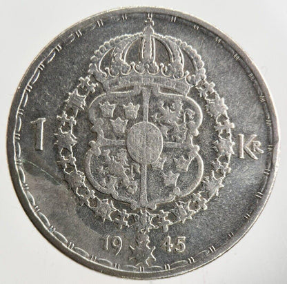 1945 Sweden 1 Krona Silver Coin | Fine Collectable Grade
