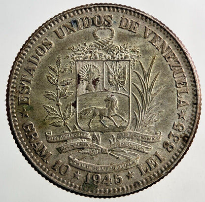 1945 Venezuela 2 Bolivares Silver Coin | Very High Grade