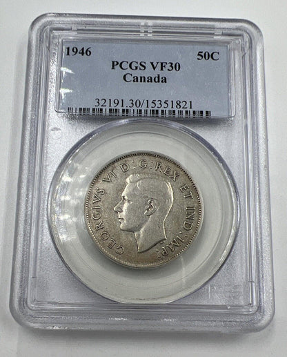 1946 Canadian 50 Cents Slabbed Silver Coin | Grade VF30 | a90374