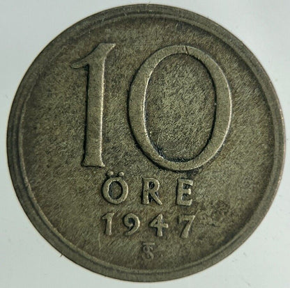 1947 Sweden 10 Ore Silver Coin | Fine Collectable Grade