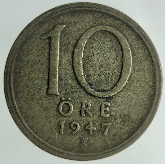1947 Sweden 10 Ore Silver Coin | Fine Collectable Grade