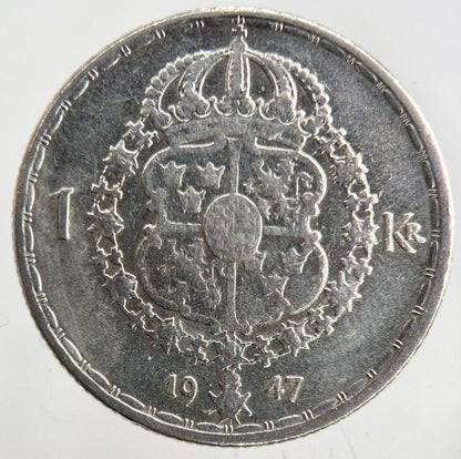 1947 Sweden 1 Krona Silver Coin | Fine Collectable Grade
