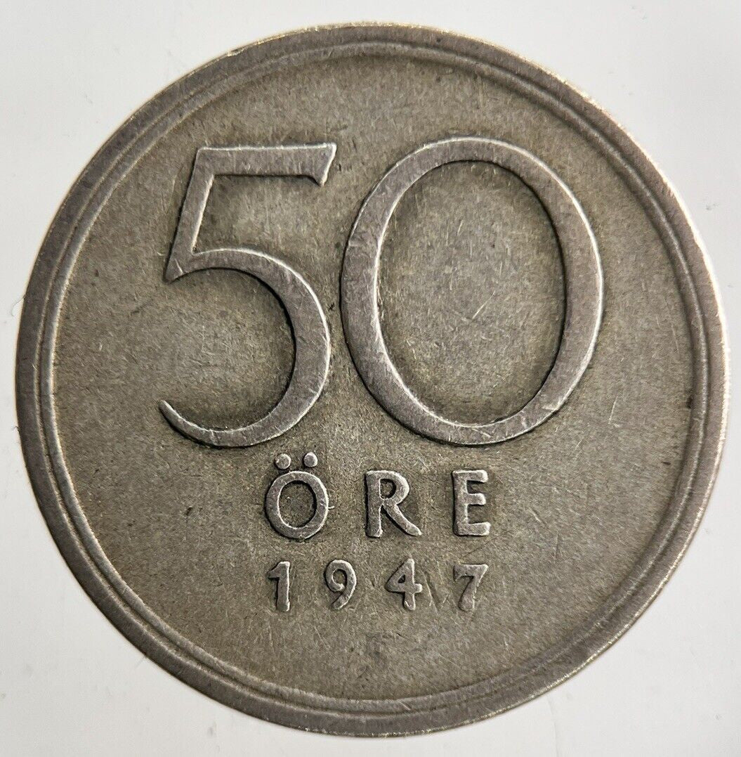 1947 Sweden 50 Ore Silver Coin | Fine Collectable Grade