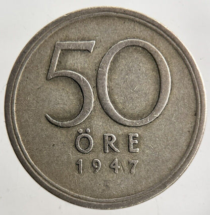 1947 Sweden 50 Ore Silver Coin | Fine Collectable Grade