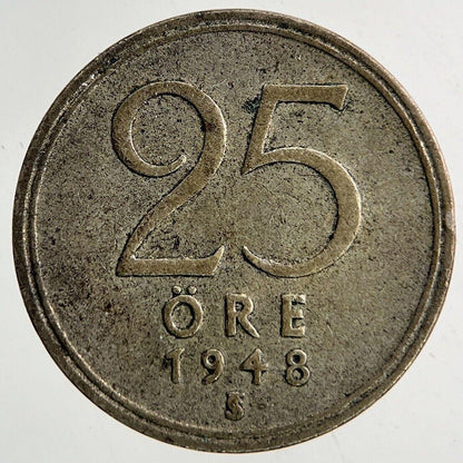 1948 Sweden 25 Ore Silver Coin | Fine Collectable Grade