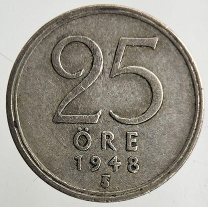 1948 Sweden 25 Ore Silver Coin | Fine Collectable Grade