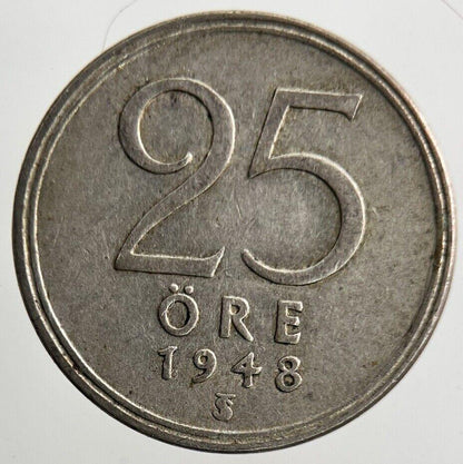 1948 Sweden 25 Ore Silver Coin | Fine Collectable Grade