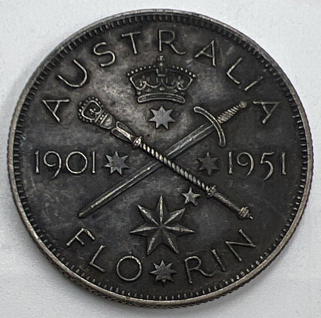 1951 50 Years Of Federation Florin | Australia Silver Coin | Fine Grade | a689
