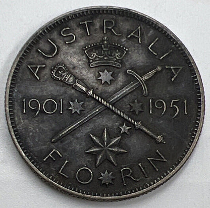 1951 50 Years Of Federation Florin | Australia Silver Coin | Fine Grade | a689