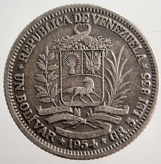 1954 Venezuela 1 Bolivar Silver Coin | Fine Collectable Grade | a3321