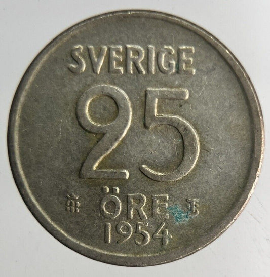 1954 Sweden 25 Ore Silver Coin | Fine Collectable Grade