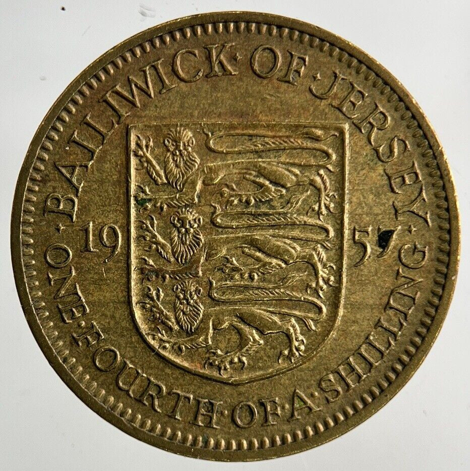 1957 Jersey Brass 1/4th One Fourth Of A Shilling Coin | Fine Collectable Grade