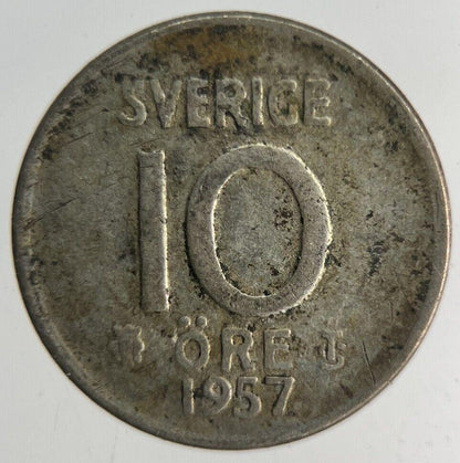 1957 Sweden 10 Ore Silver Coin | Fine Collectable Grade