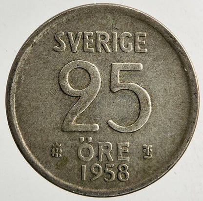 1958 Sweden 25 Ore Silver Coin | Fine Collectable Grade