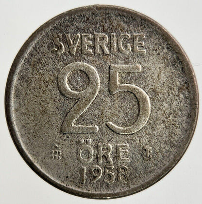 1958 Sweden 25 Ore Silver Coin | Fine Collectable Grade