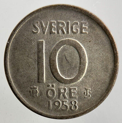 1958 Sweden 10 Ore Silver Coin | Fine Collectable Grade