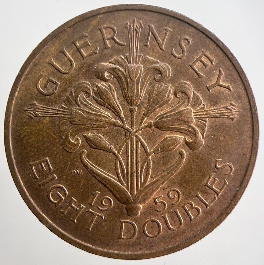 1959 Guernsey 8 Doubles Coin | Very High Grade | a2101