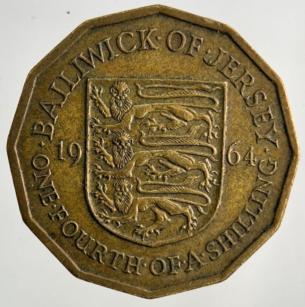 1964 Jersey Brass 1/4th One Fourth Of A Shilling Coin | Fine Collectable Grade