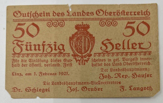 Old Vintage Austria 50 Heller Banknote | Collectable Grade