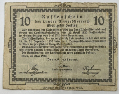 Old Vintage Austria 10 Heller Banknote | Collectable Grade