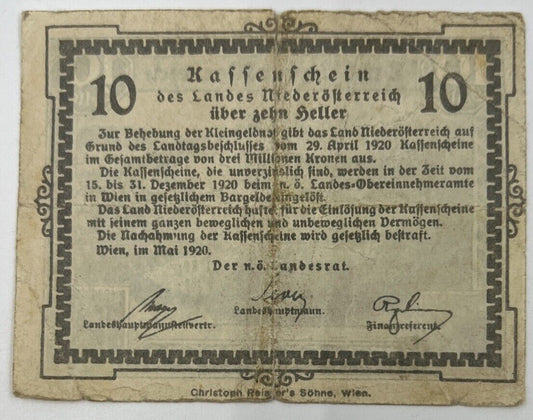 Old Vintage Austria 10 Heller Banknote | Collectable Grade