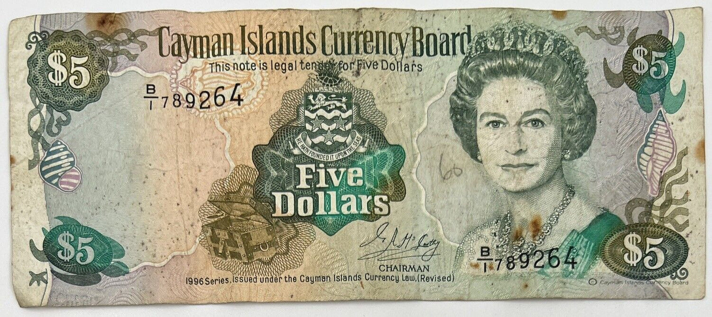 Old Vintage Cayman Islands $5 Five Dollars Banknote | Collectable Grade