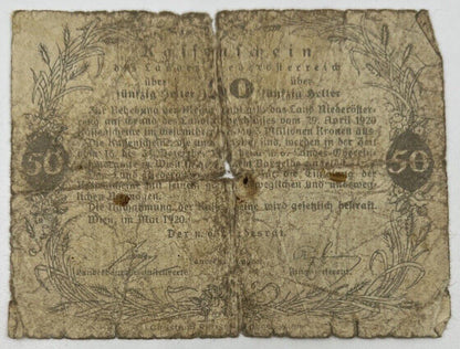 Old Vintage Austria 50 Heller Banknote | Collectable Grade
