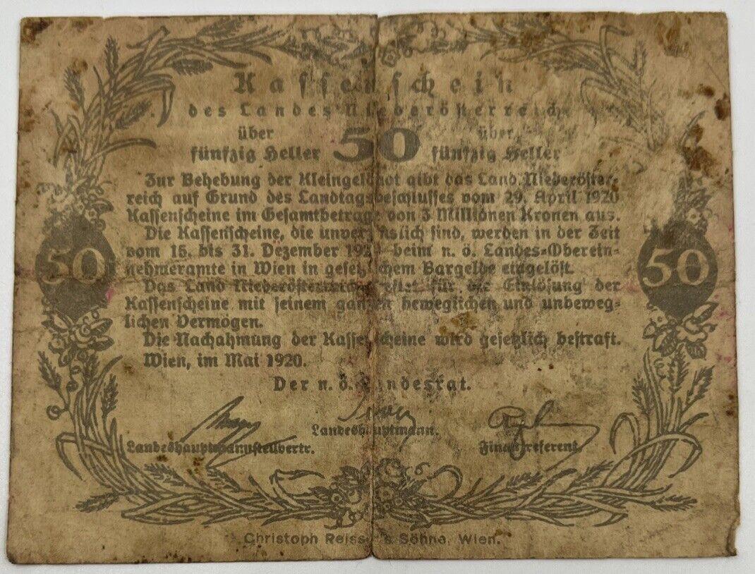 Old Vintage Austria 50 Heller Banknote | Collectable Grade