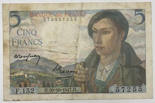Old Vintage France 5 Cinq Francs Banknote | Collectable Grade