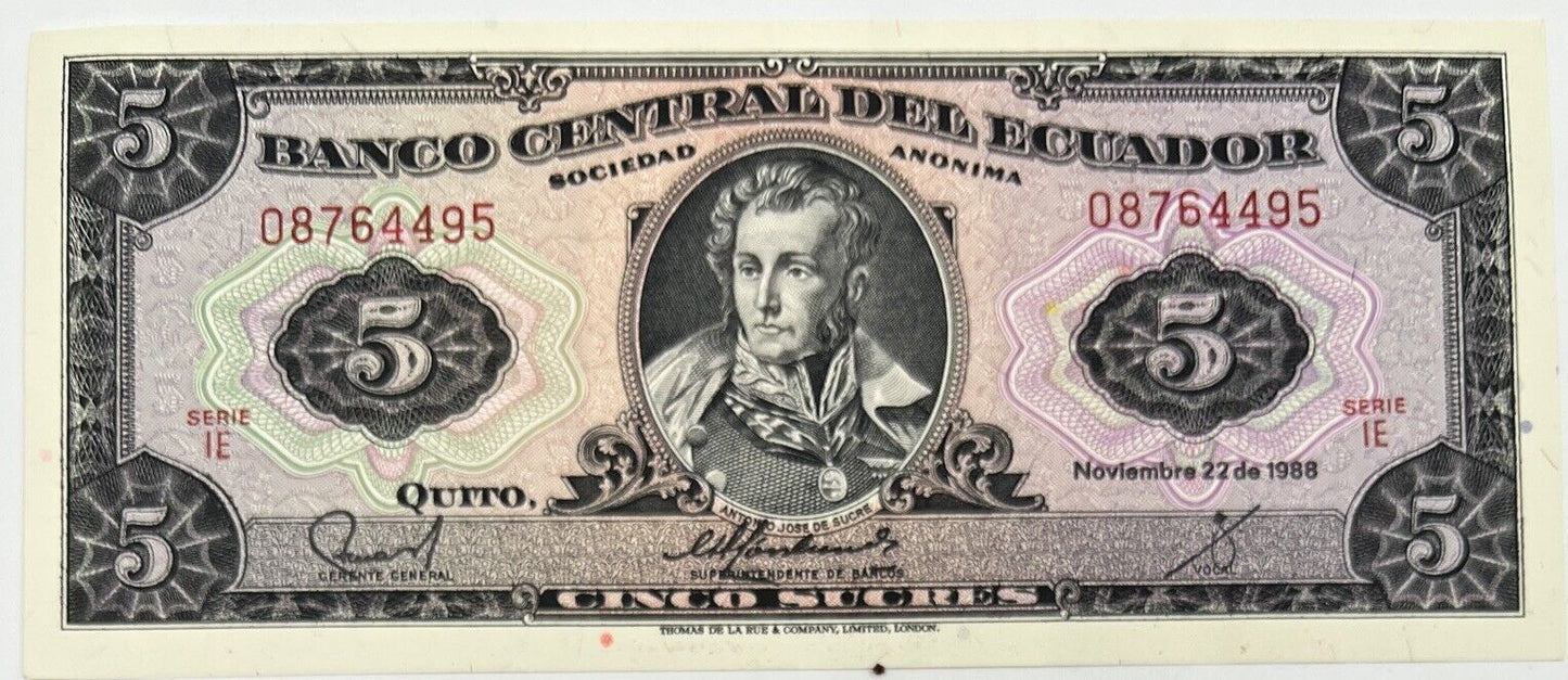 Old Vintage Ecuador 5 Sucres Banknote | Collectable Grade