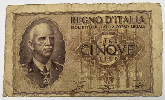 Old Vintage Italy 5 Lire Banknote | Collectable Grade