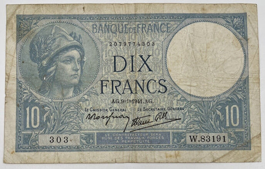 Old Vintage France 10 Dix Francs Banknote | Collectable Grade