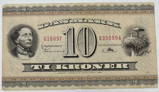 Old Vintage Denmark 10 Kroner Banknote | Collectable Grade