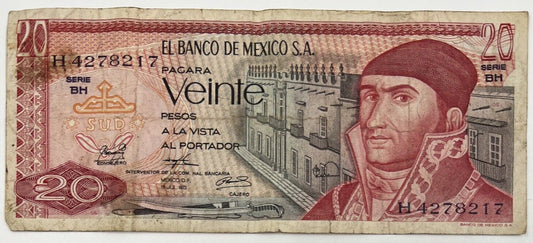 Old Vintage Mexico Veinte 20 Pesos Banknote | Collectable Grade