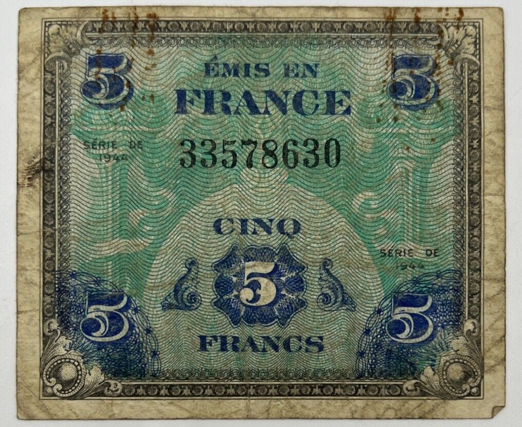 Old Vintage France 5 Cinq Francs Banknote | Collectable Grade