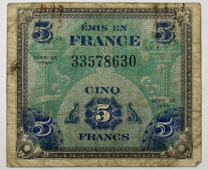 Old Vintage France 5 Cinq Francs Banknote | Collectable Grade