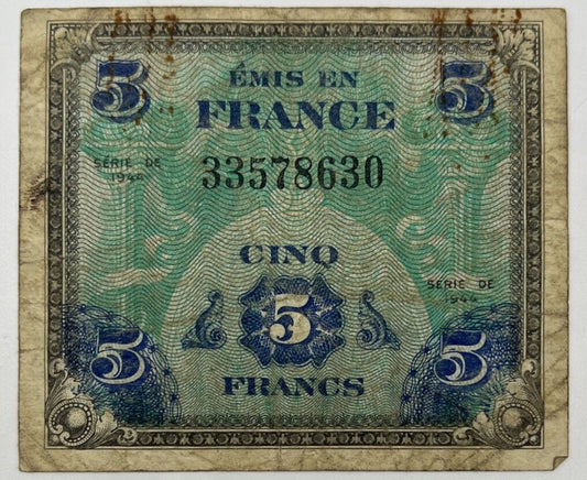 Old Vintage France 5 Cinq Francs Banknote | Collectable Grade